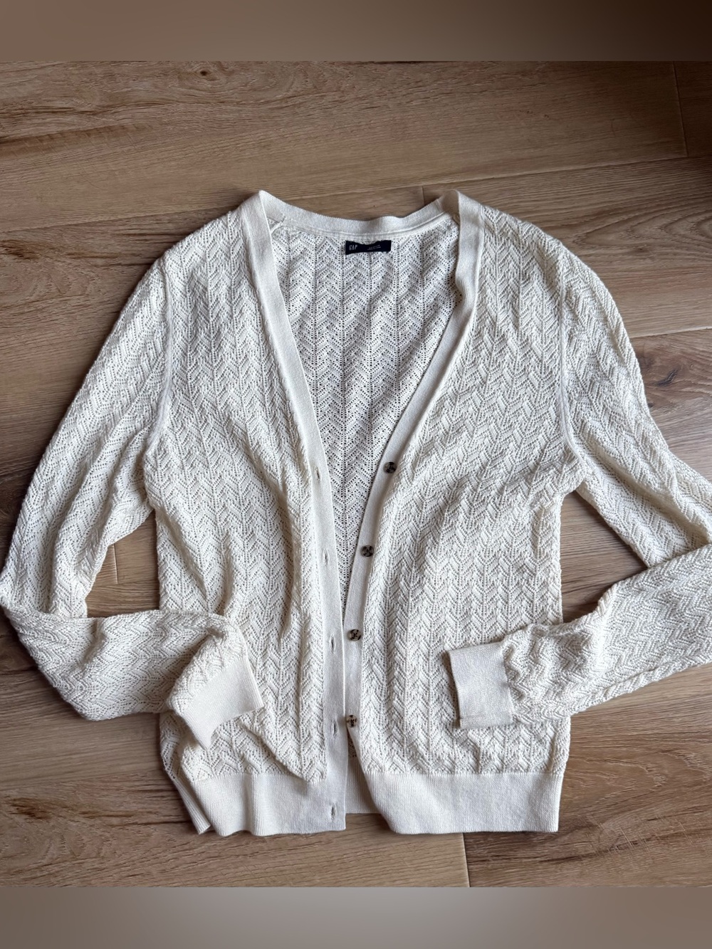 GAP Cream Open-Weave Button Cardigan